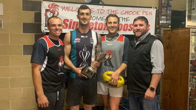 THE REUNION: Current Singleton Roosters Andrew MacPherson, Sam Brasington, Daine Cowburn, Paul Chandler and Richard Wilkes (absent) look forward to reuniting with their 2009 premiership winning teammates this Saturday at Rose Point Park.