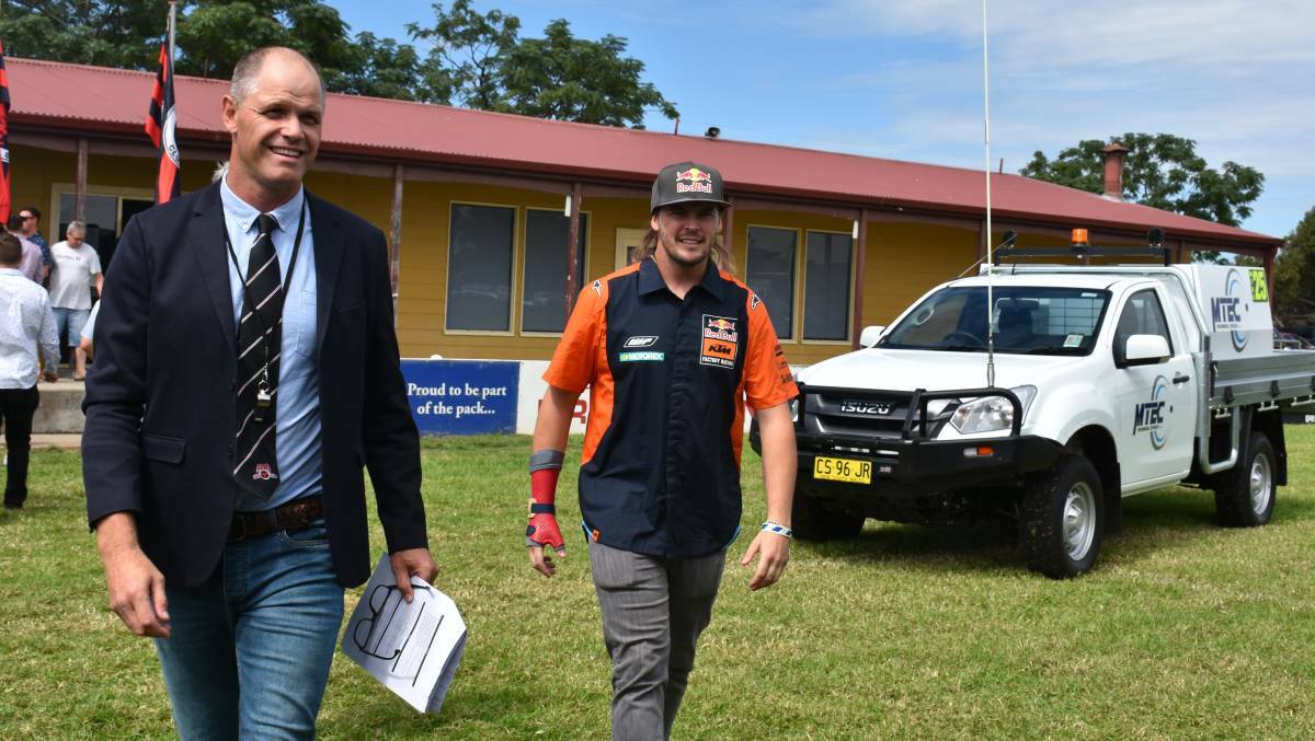 WELCOME BACK TOBY: Singleton Bulls' Director of Rugby Anthony Partridge pictured with Toby Price in Singleton earlier this year.