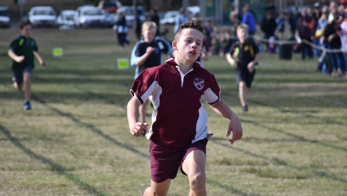 DOMINANT DISPLAY: Braith White pictured reaching the finish line of the 100m sprint during the 2019 Singleton Small Schools Combined Athletics Carnival.