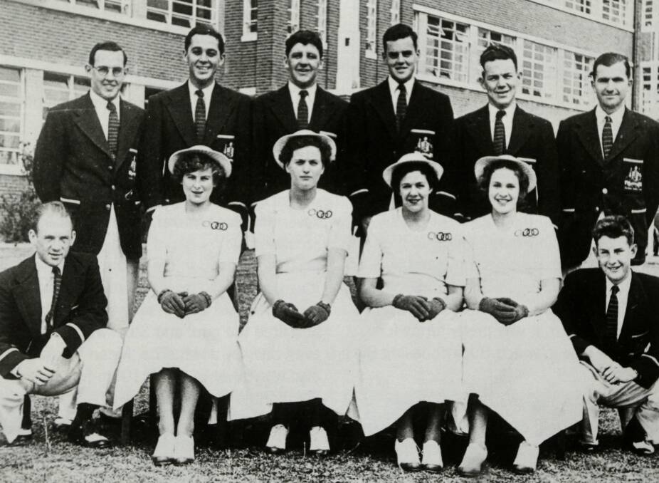 London-bound: A young Kevin Hallett (back, far left) with the Australian Olympic swimming and diving team in 1948.