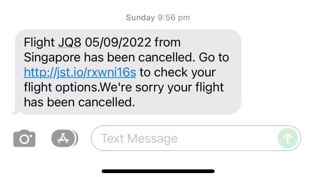 The late night text Chris Hitch received from Jetstar about his cancelled flight. Picture supplied