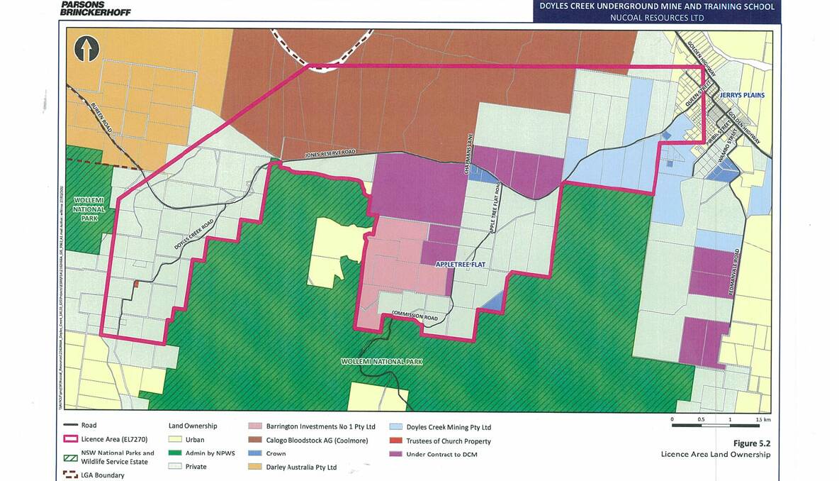 Doyles Creek Underground Mine and Training School - the dark  shaded area is Coolmore stud with the pink lies marking the boundary of the exploration licence.